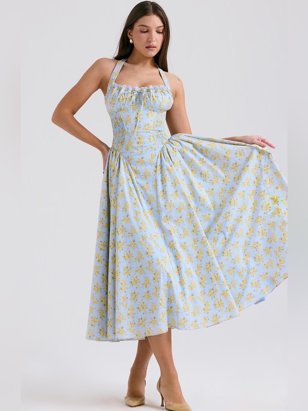š©·Firm Priceš©·Adabella soft blue vintage floral print cotton halter sundress - Picture 5 of 16